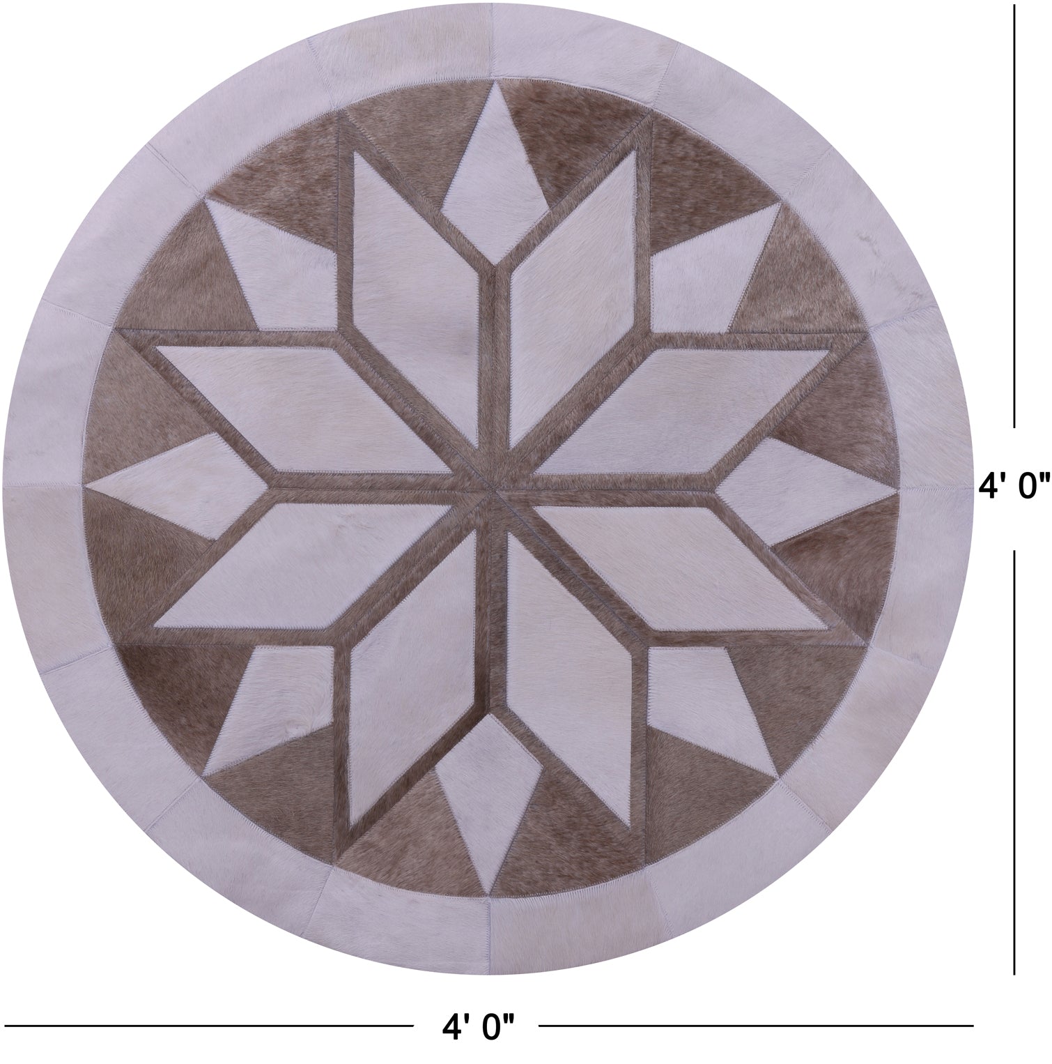 Brown & White Round Star Natural Cowhide Hand Stitched Patchwork Rug - 4' 0" X 4' 0" - Golden Nile