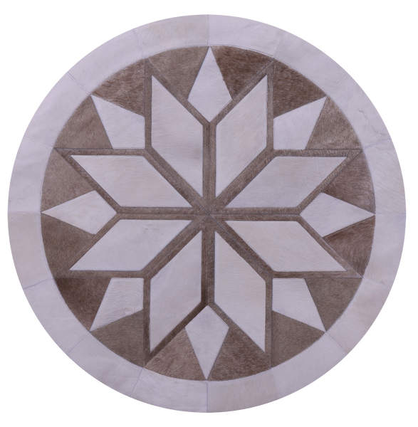 Brown & White Round Star Natural Cowhide Hand Stitched Patchwork Rug - 4' 0" X 4' 0" - Golden Nile