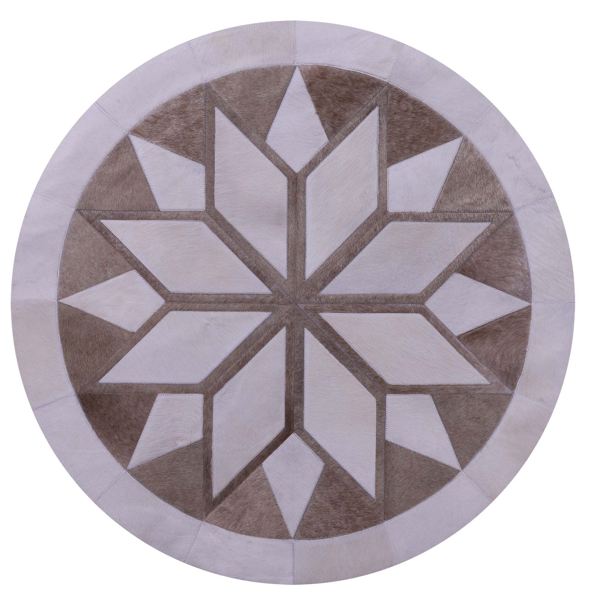 Brown & White Round Star Natural Cowhide Hand Stitched Patchwork Rug - 4' 0" X 4' 0" - Golden Nile