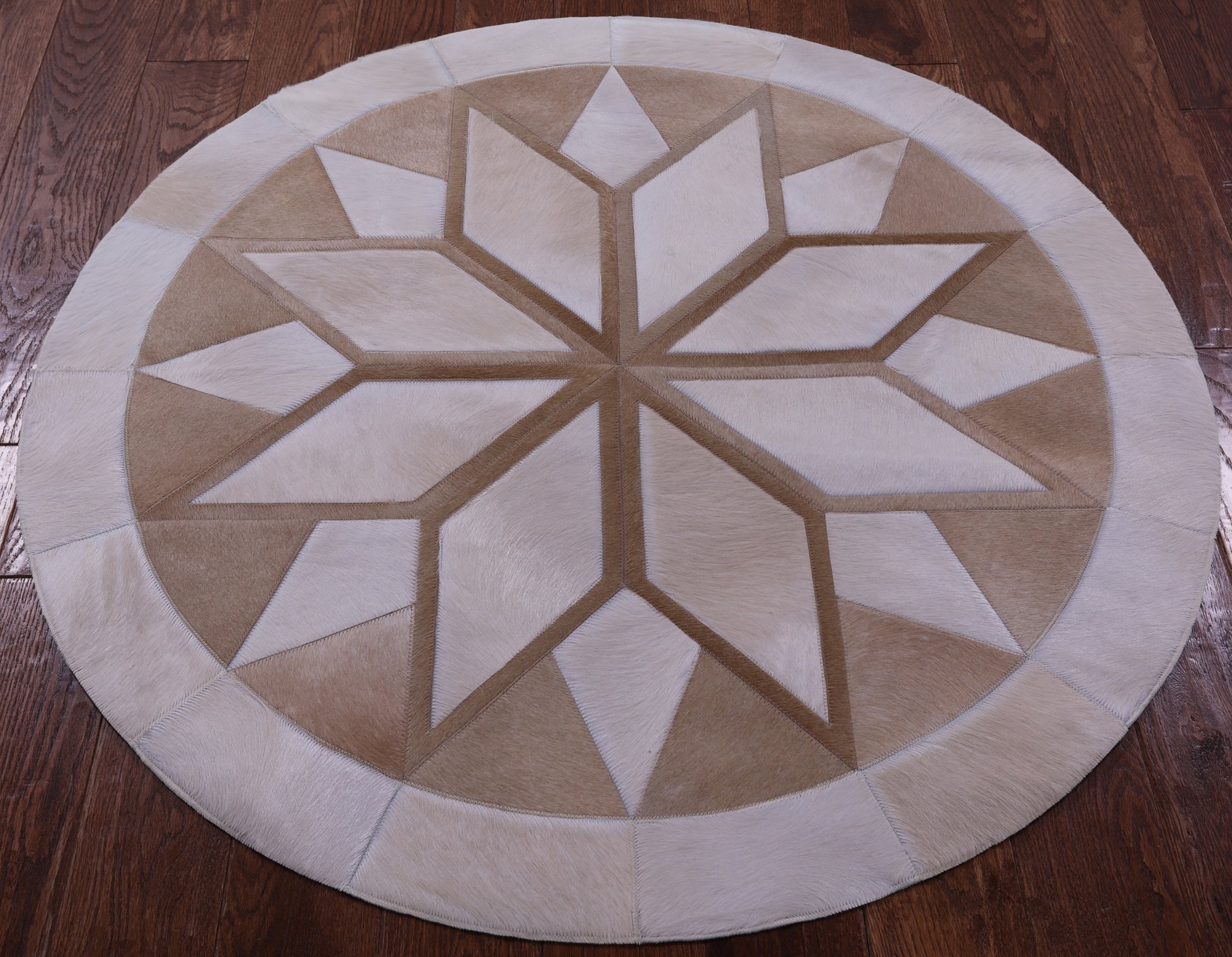 Brown Round Star Natural Cowhide Hand Stitched Patchwork Rug - 4' 0" X 4' 0" - Golden Nile