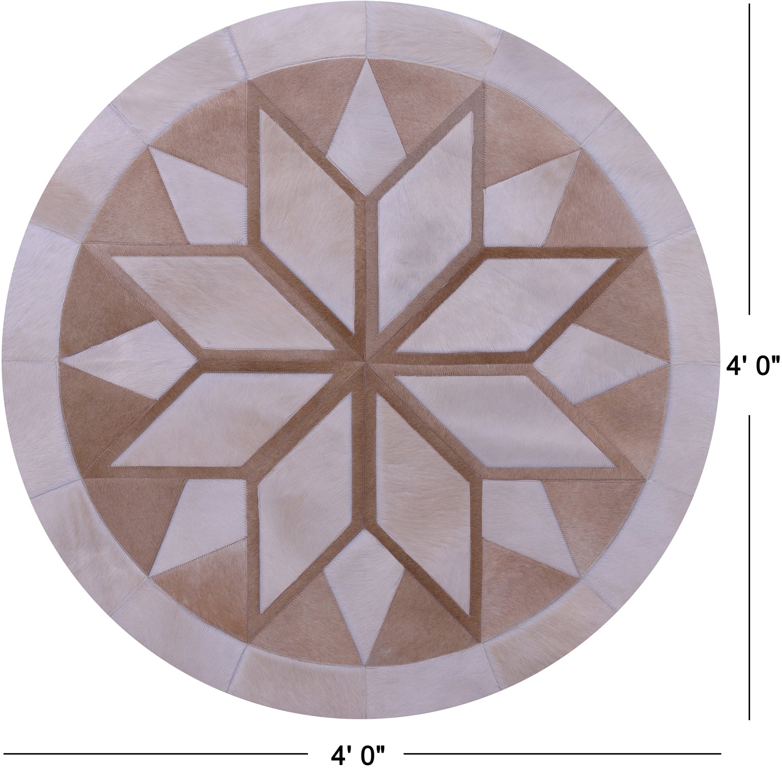 Brown Round Star Natural Cowhide Hand Stitched Patchwork Rug - 4' 0" X 4' 0" - Golden Nile