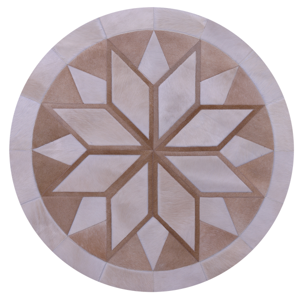 Brown Round Star Natural Cowhide Hand Stitched Patchwork Rug - 4' 0" X 4' 0" - Golden Nile