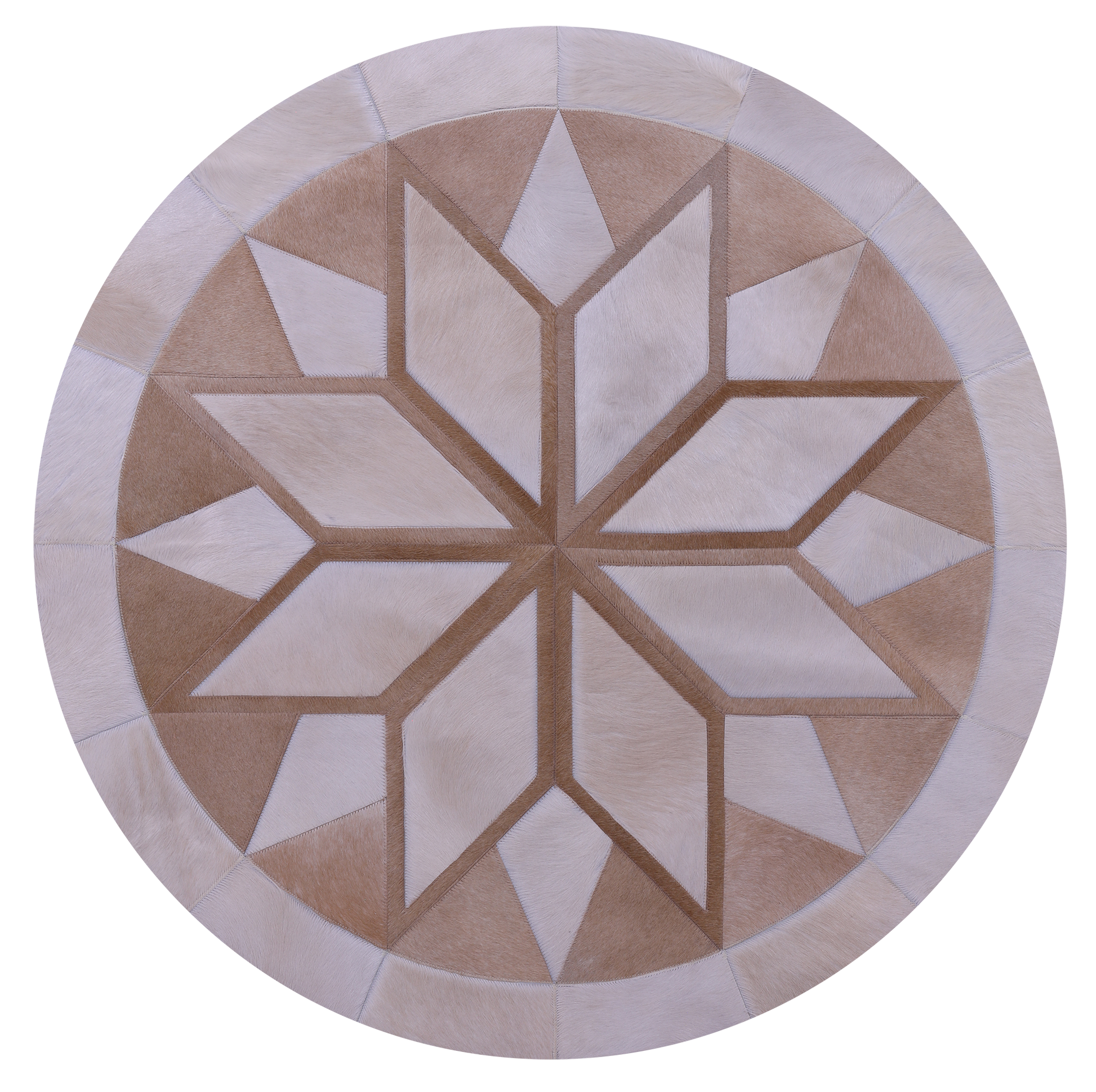 Brown Round Star Natural Cowhide Hand Stitched Patchwork Rug - 4' 0" X 4' 0" - Golden Nile