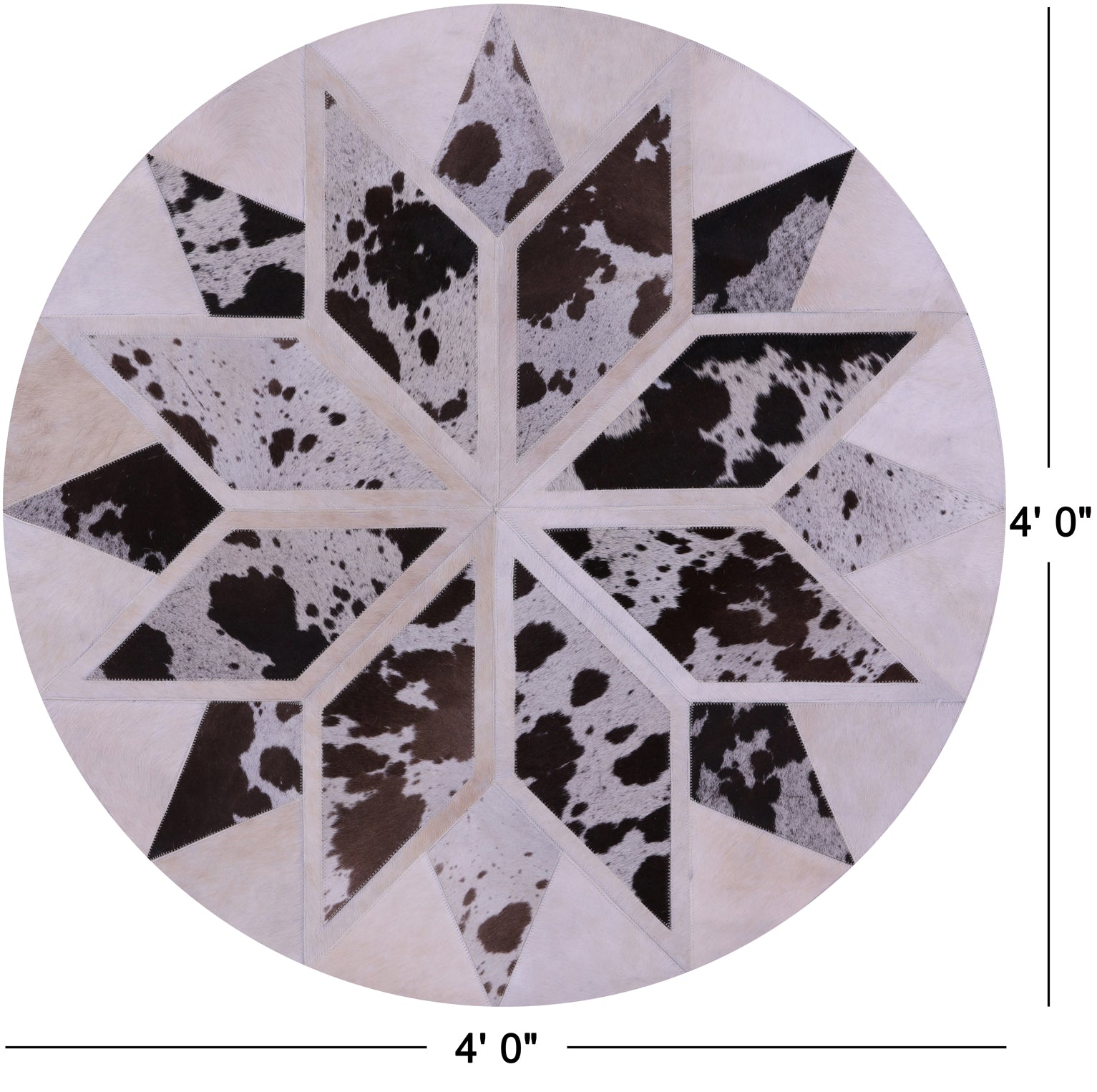 Brown & White Round Star Natural Cowhide Hand Stitched Patchwork Rug - 4' 0" X 4' 0" - Golden Nile