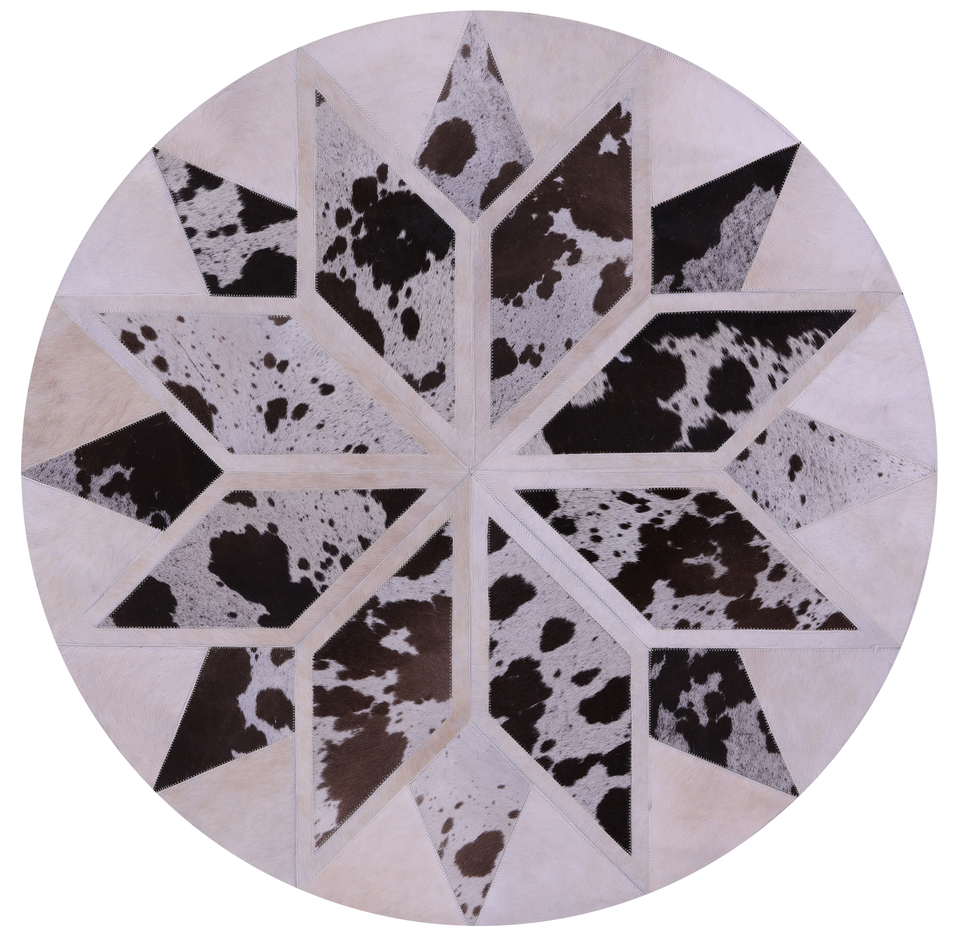 Brown & White Round Star Natural Cowhide Hand Stitched Patchwork Rug - 4' 0" X 4' 0" - Golden Nile