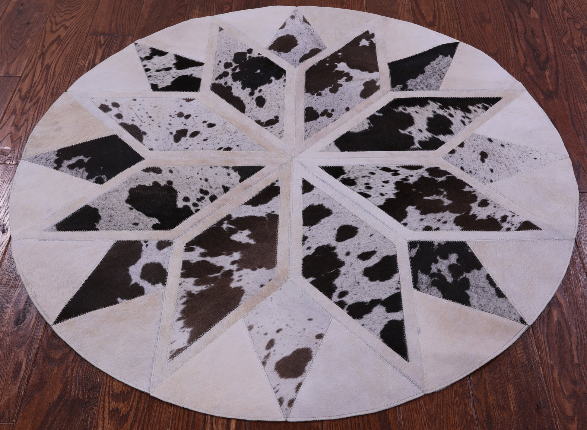 Brown & White Round Star Natural Cowhide Hand Stitched Patchwork Rug - 4' 0" X 4' 0" - Golden Nile