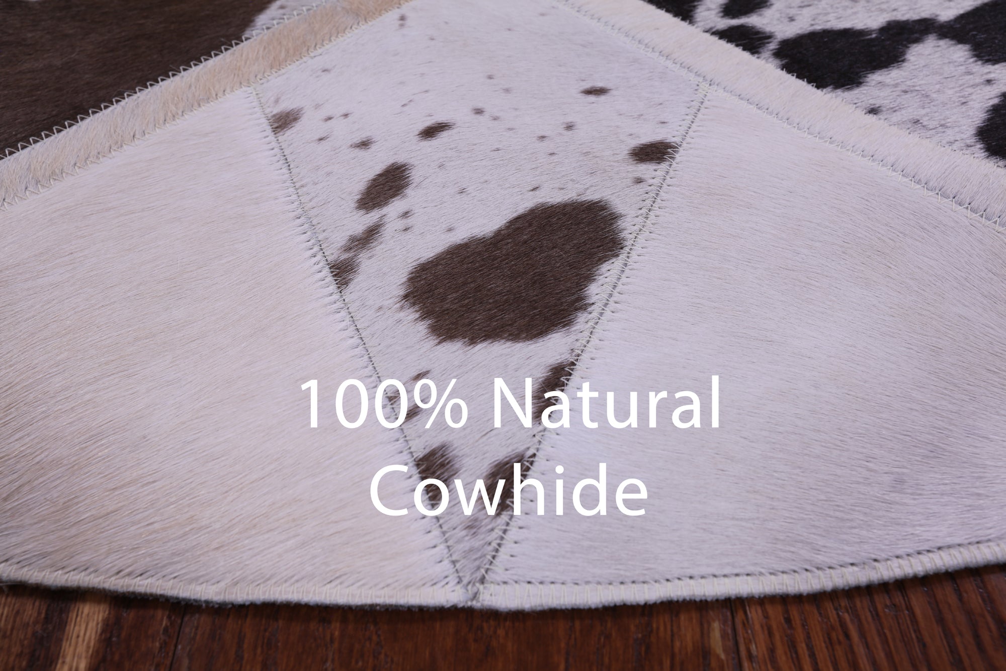 Brown & White Round Star Natural Cowhide Hand Stitched Patchwork Rug - 4' 0" X 4' 0" - Golden Nile