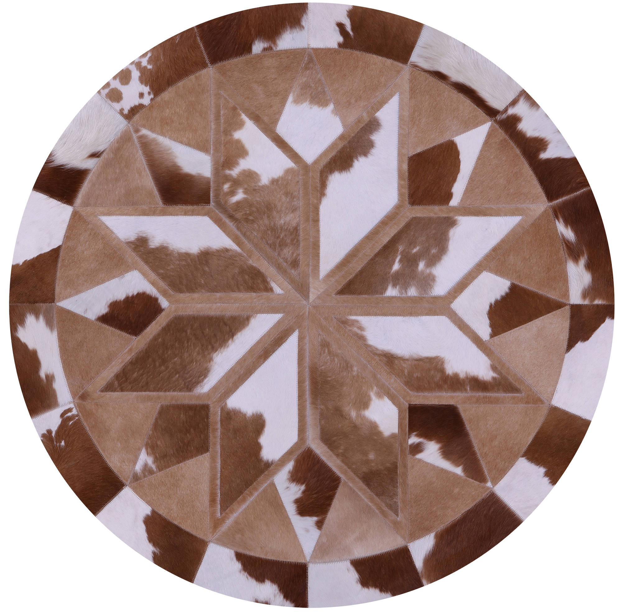 Brown & White Round Star Natural Cowhide Hand Stitched Patchwork Rug - 4' 0" X 4' 0" - Golden Nile