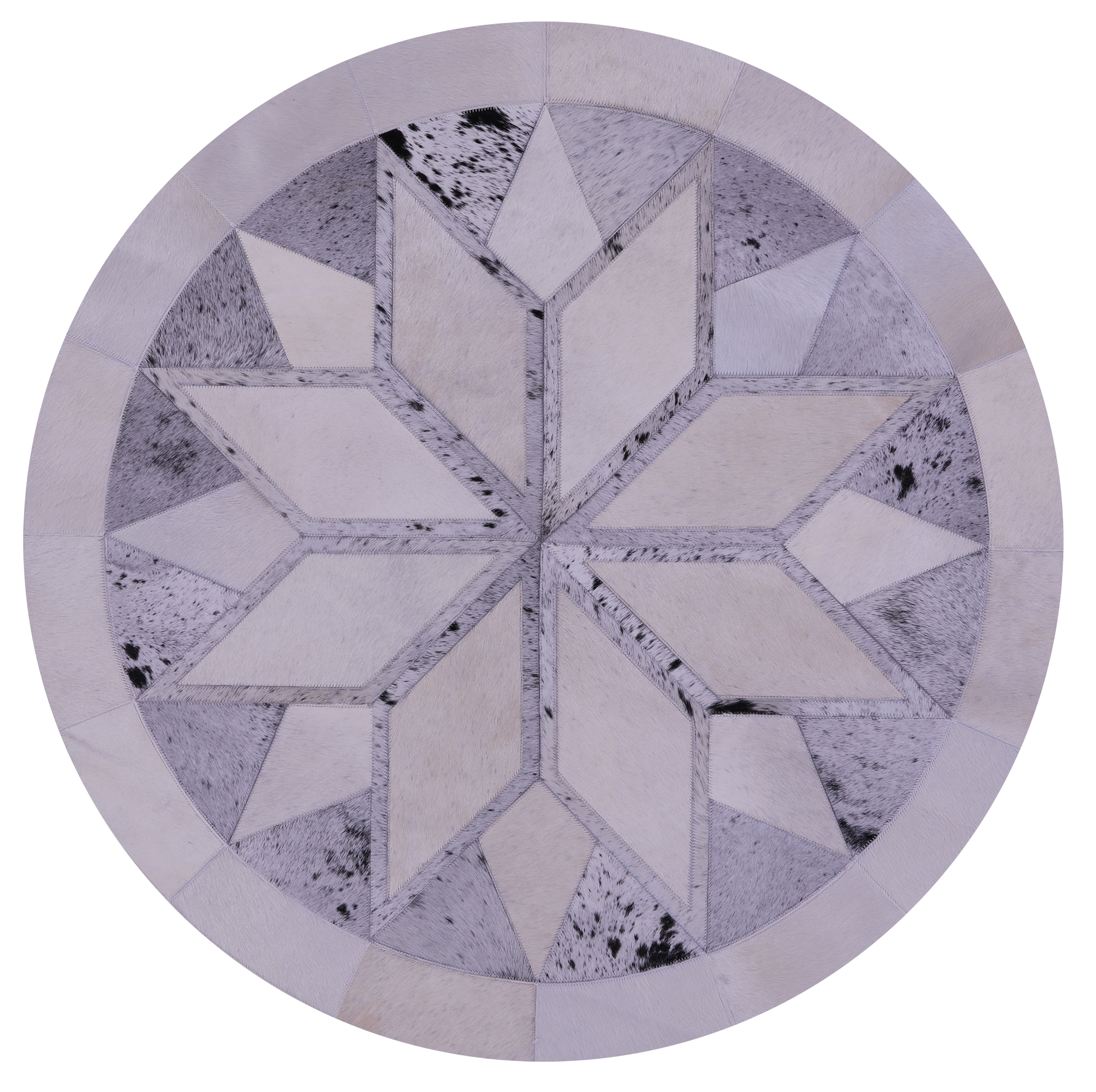Grey & White Round Star Natural Cowhide Hand Stitched Patchwork Rug - 4' 0" X 4' 0" - Golden Nile