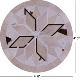 Brown & White Round Star Natural Cowhide Hand Stitched Patchwork Rug - 4' 0" X 4' 0" - Golden Nile
