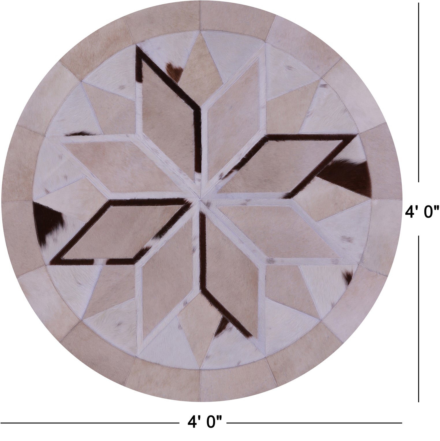 Brown & White Round Star Natural Cowhide Hand Stitched Patchwork Rug - 4' 0" X 4' 0" - Golden Nile