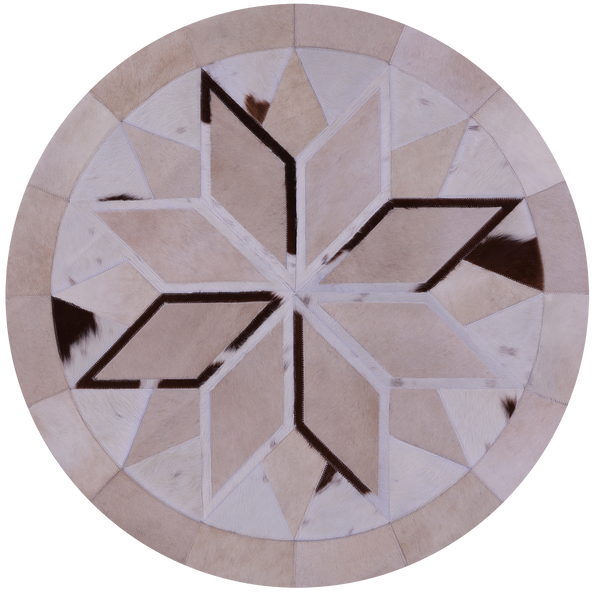 Brown & White Round Star Natural Cowhide Hand Stitched Patchwork Rug - 4' 0" X 4' 0" - Golden Nile