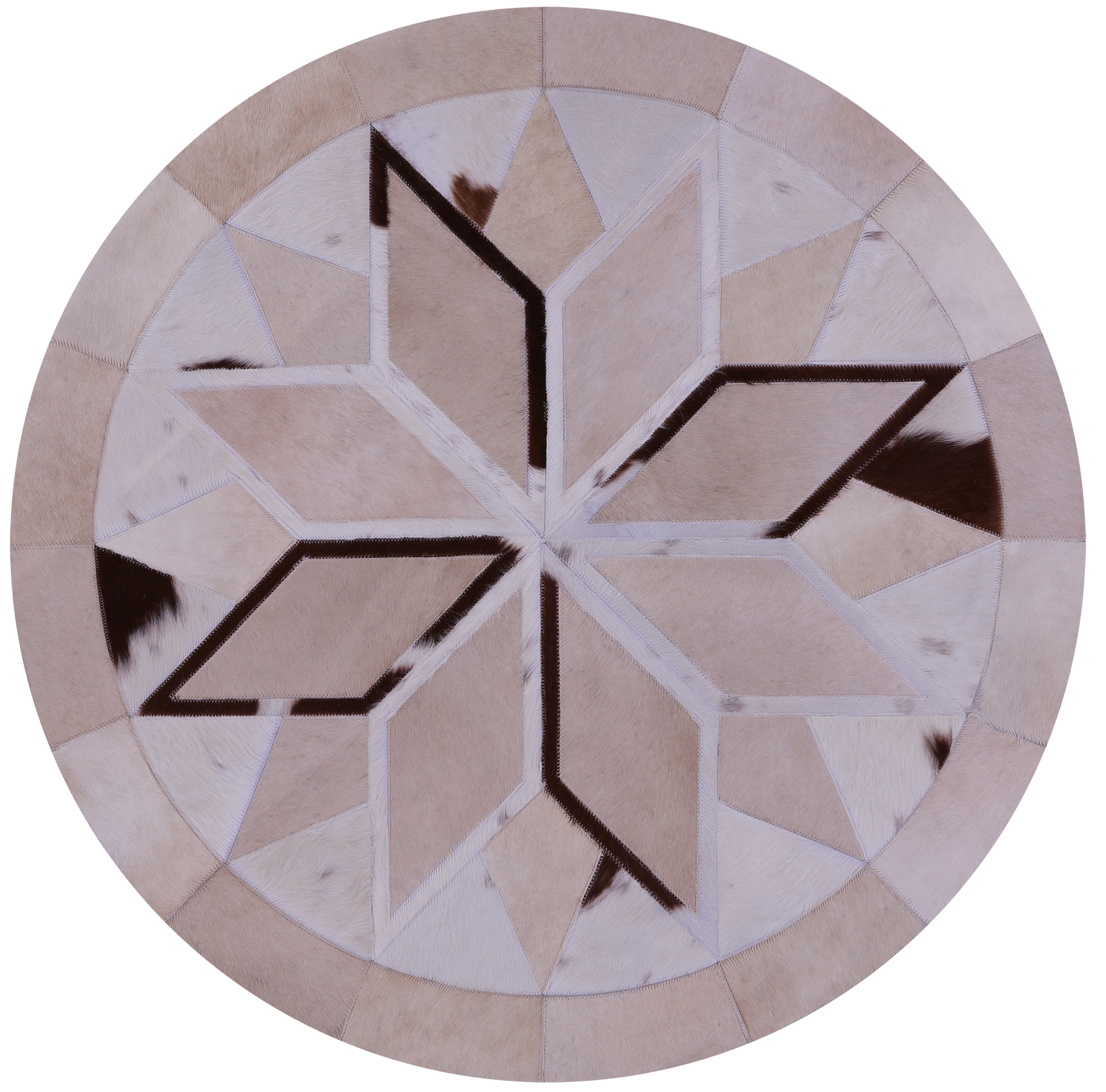 Brown & White Round Star Natural Cowhide Hand Stitched Patchwork Rug - 4' 0" X 4' 0" - Golden Nile