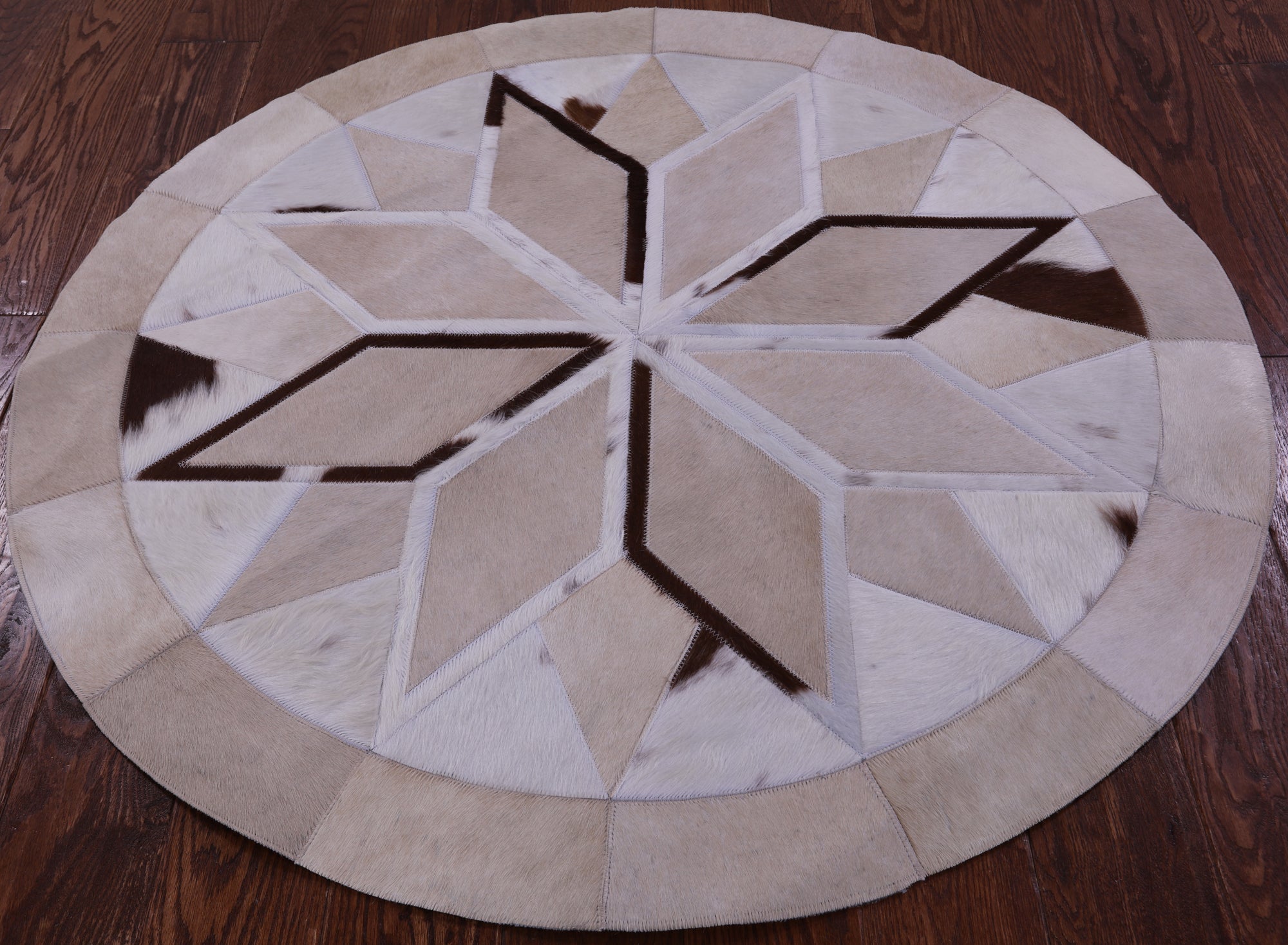Brown & White Round Star Natural Cowhide Hand Stitched Patchwork Rug - 4' 0" X 4' 0" - Golden Nile