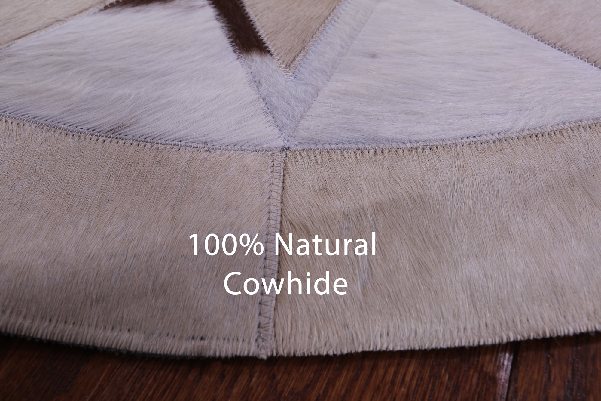 Brown & White Round Star Natural Cowhide Hand Stitched Patchwork Rug - 4' 0" X 4' 0" - Golden Nile