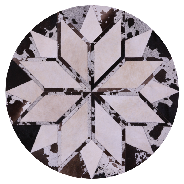 Brown & White Round Star Natural Cowhide Hand Stitched Patchwork Rug - 4' 0" X 4' 0" - Golden Nile