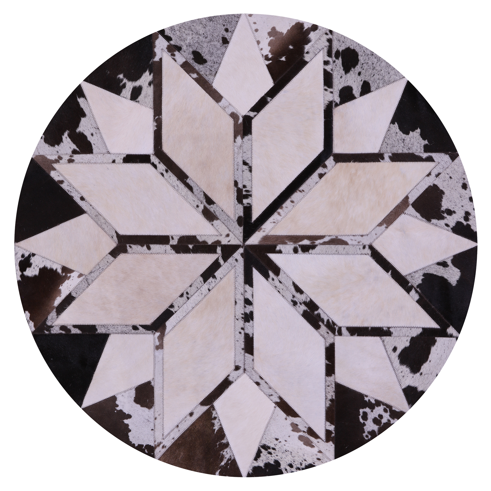 Brown & White Round Star Natural Cowhide Hand Stitched Patchwork Rug - 4' 0" X 4' 0" - Golden Nile