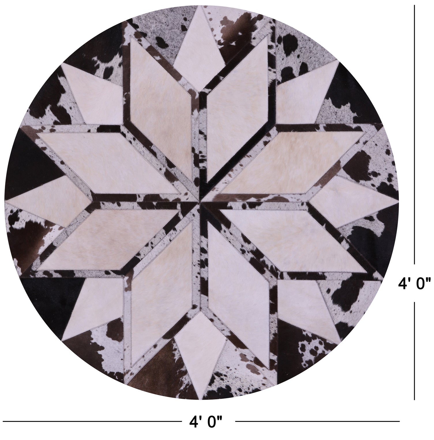 Brown & White Round Star Natural Cowhide Hand Stitched Patchwork Rug - 4' 0" X 4' 0" - Golden Nile