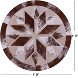 Brown & White Round Star Natural Cowhide Hand Stitched Patchwork Rug - 4' 0" X 4' 0" - Golden Nile