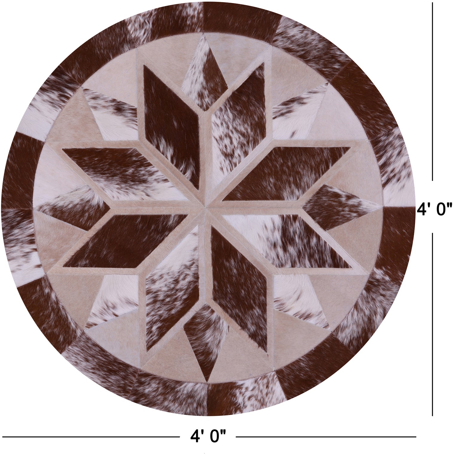 Brown & White Round Star Natural Cowhide Hand Stitched Patchwork Rug - 4' 0" X 4' 0" - Golden Nile