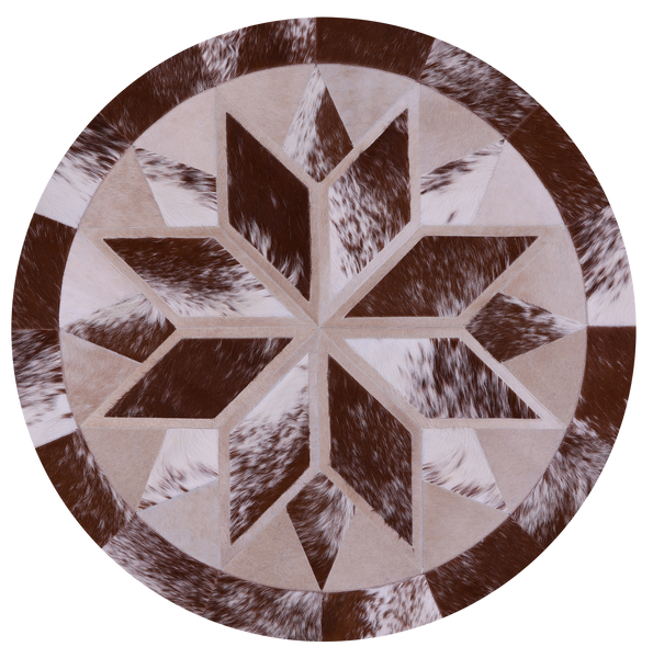 Brown & White Round Star Natural Cowhide Hand Stitched Patchwork Rug - 4' 0" X 4' 0" - Golden Nile