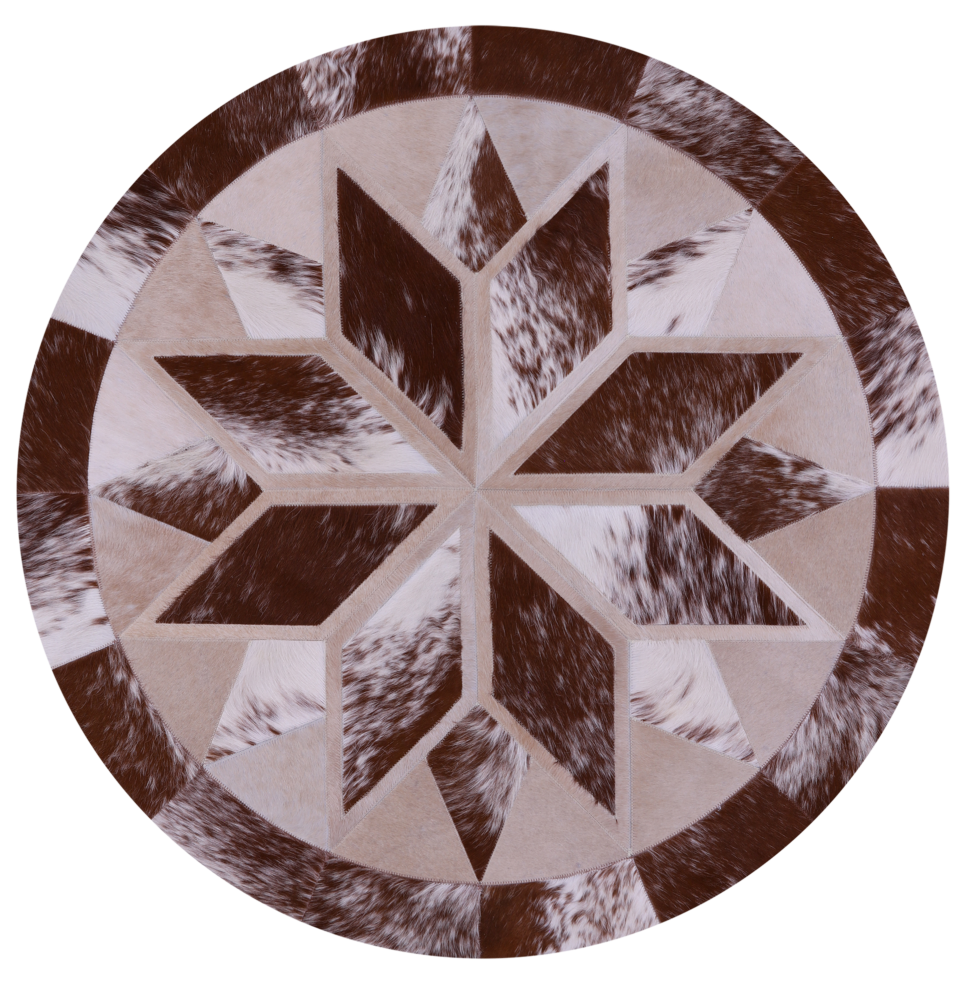 Brown & White Round Star Natural Cowhide Hand Stitched Patchwork Rug - 4' 0" X 4' 0" - Golden Nile