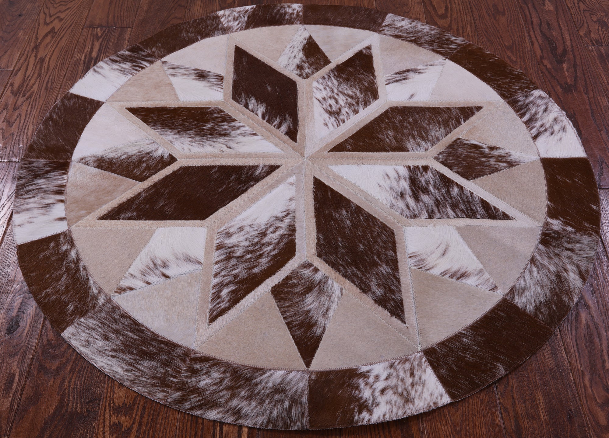 Brown & White Round Star Natural Cowhide Hand Stitched Patchwork Rug - 4' 0" X 4' 0" - Golden Nile