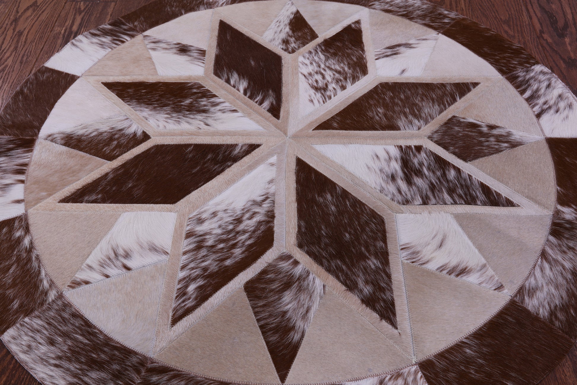 Brown & White Round Star Natural Cowhide Hand Stitched Patchwork Rug - 4' 0" X 4' 0" - Golden Nile