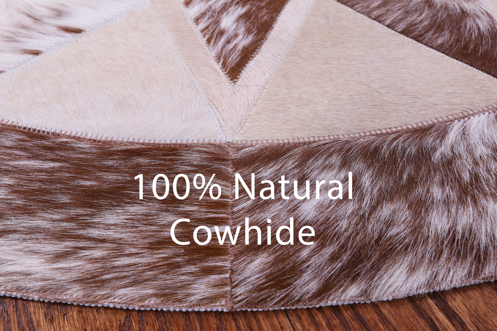 Brown & White Round Star Natural Cowhide Hand Stitched Patchwork Rug - 4' 0" X 4' 0" - Golden Nile
