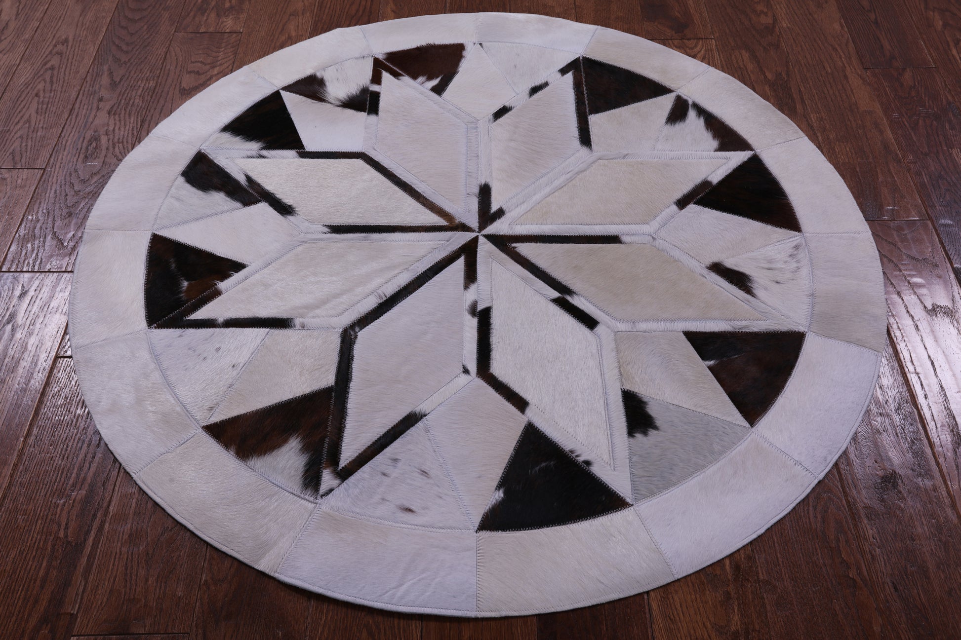 Brown & White Round Star Natural Cowhide Hand Stitched Patchwork Rug - 4' 0" X 4' 0" - Golden Nile