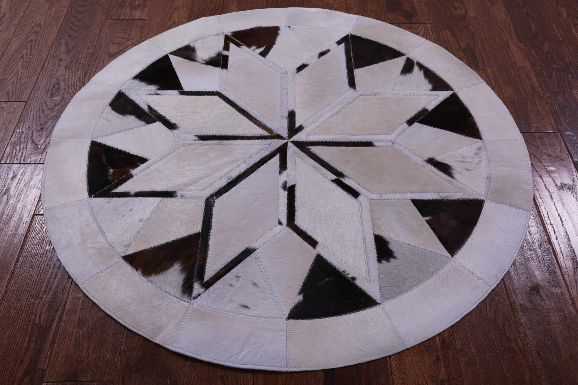 Brown & White Round Star Natural Cowhide Hand Stitched Patchwork Rug - 4' 0" X 4' 0" - Golden Nile