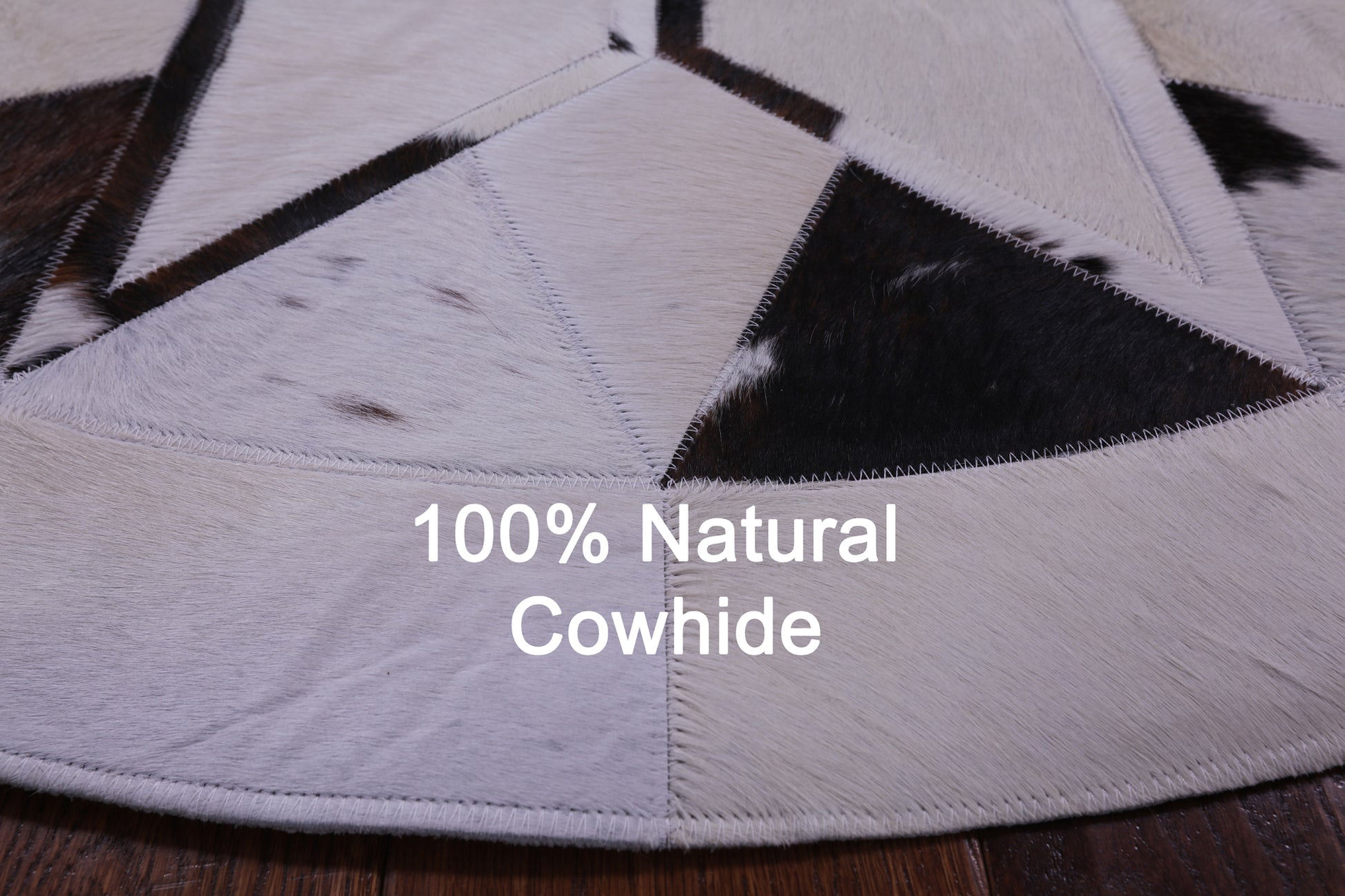 Brown & White Round Star Natural Cowhide Hand Stitched Patchwork Rug - 4' 0" X 4' 0" - Golden Nile