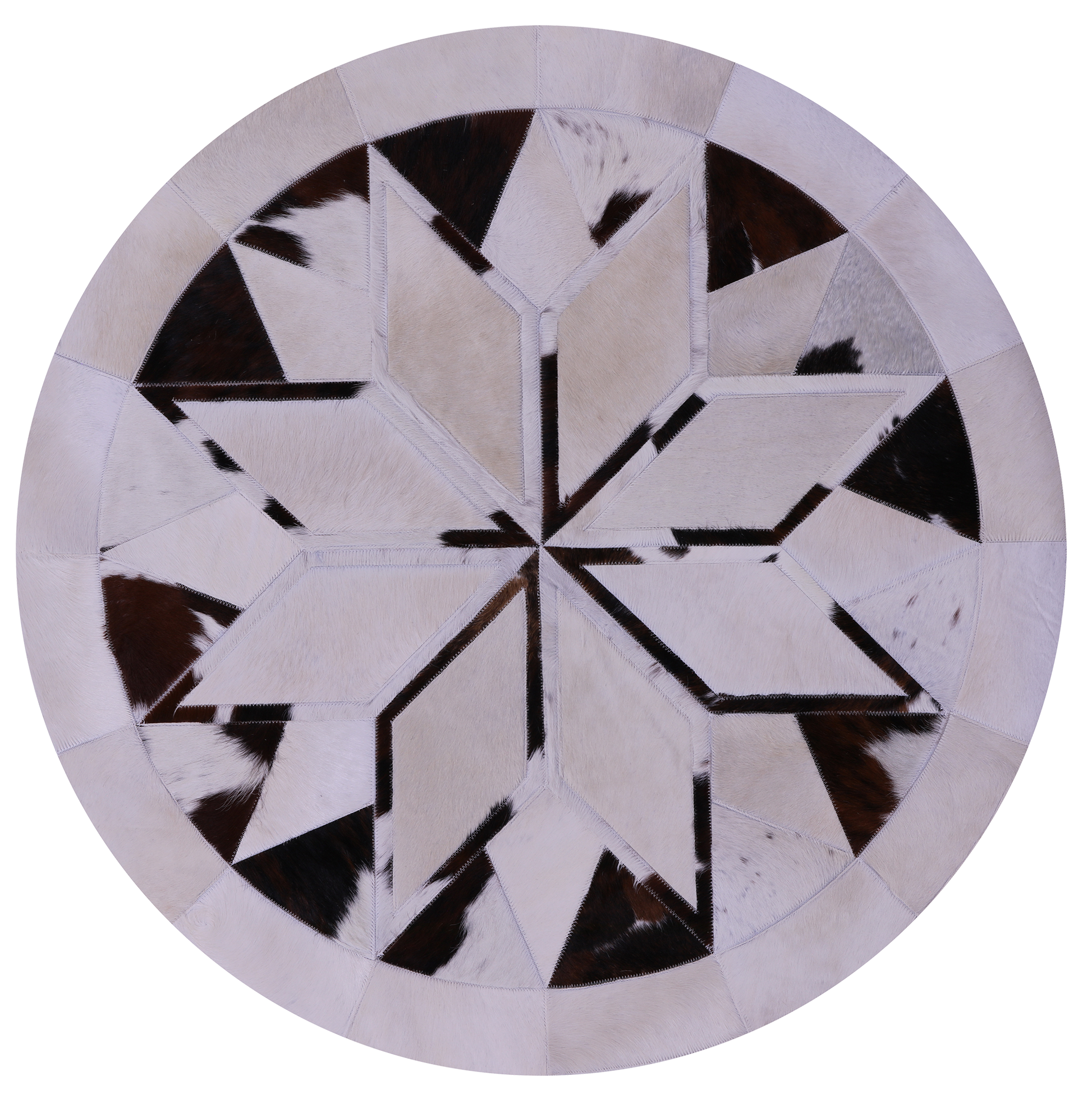 Brown & White Round Star Natural Cowhide Hand Stitched Patchwork Rug - 4' 0" X 4' 0" - Golden Nile