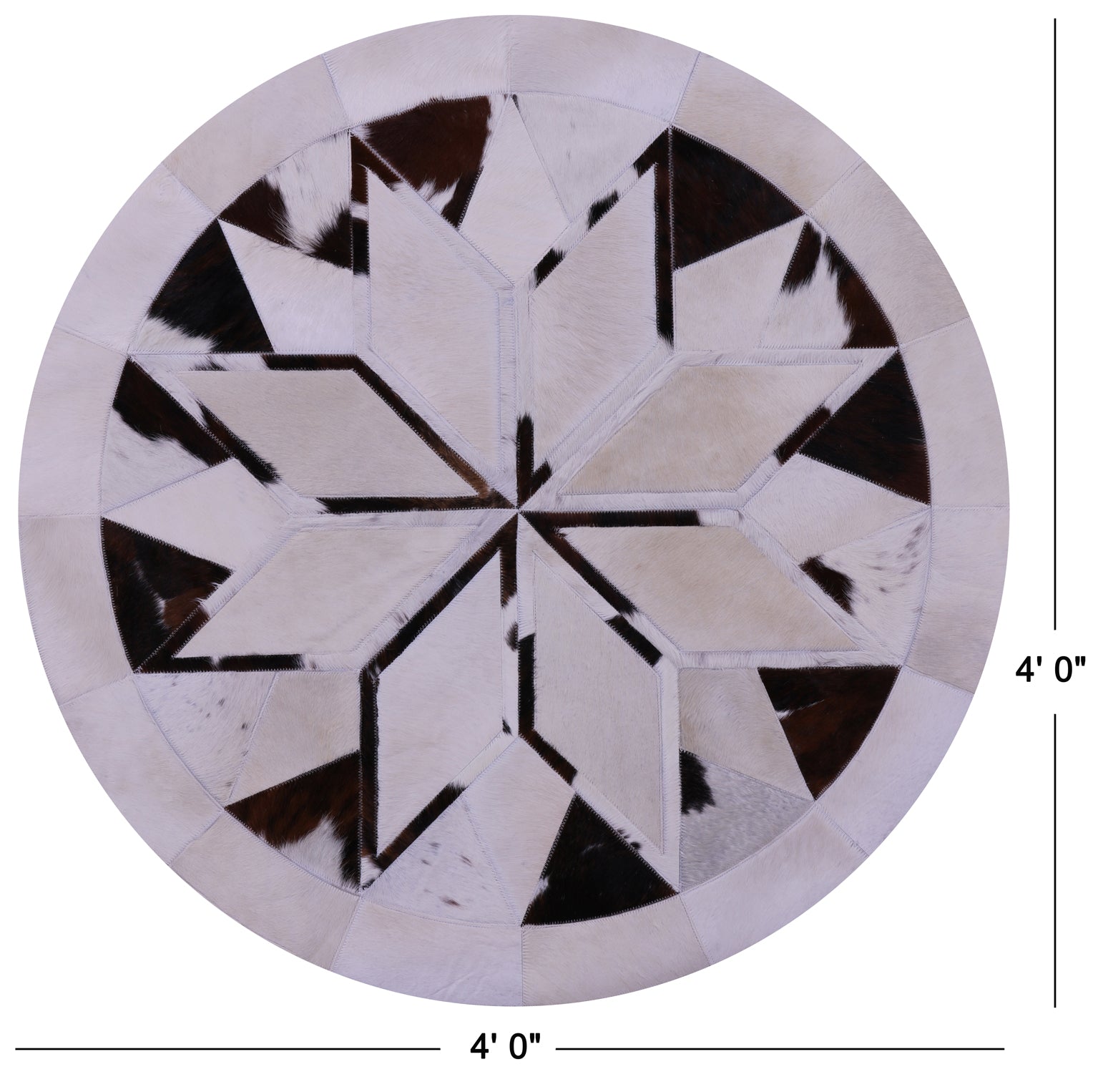 Brown & White Round Star Natural Cowhide Hand Stitched Patchwork Rug - 4' 0" X 4' 0" - Golden Nile