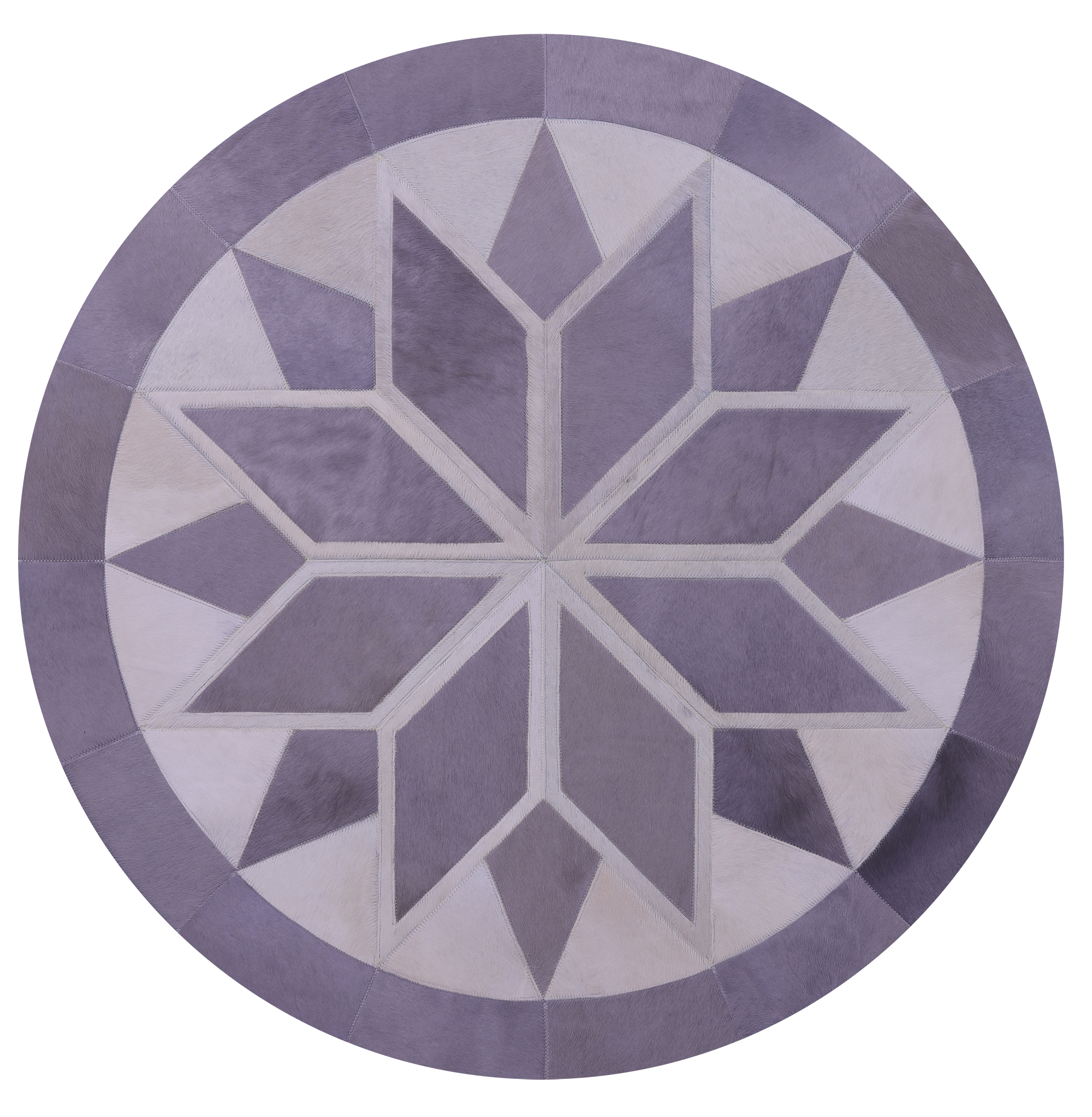 Grey & White Round Star Natural Cowhide Hand Stitched Patchwork Rug - 4' 0" X 4' 0" - Golden Nile