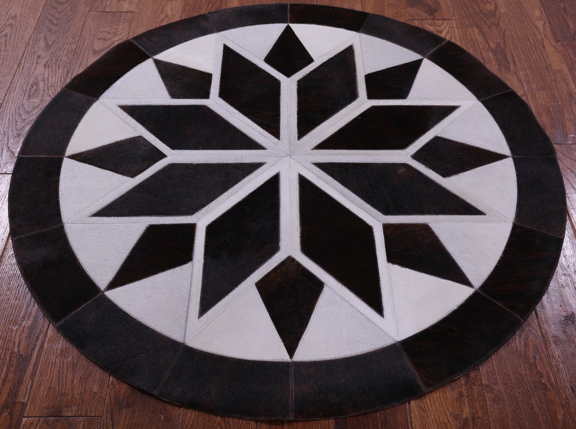 Brown & White Round Star Natural Cowhide Hand Stitched Patchwork Rug - 4' 0" X 4' 0" - Golden Nile