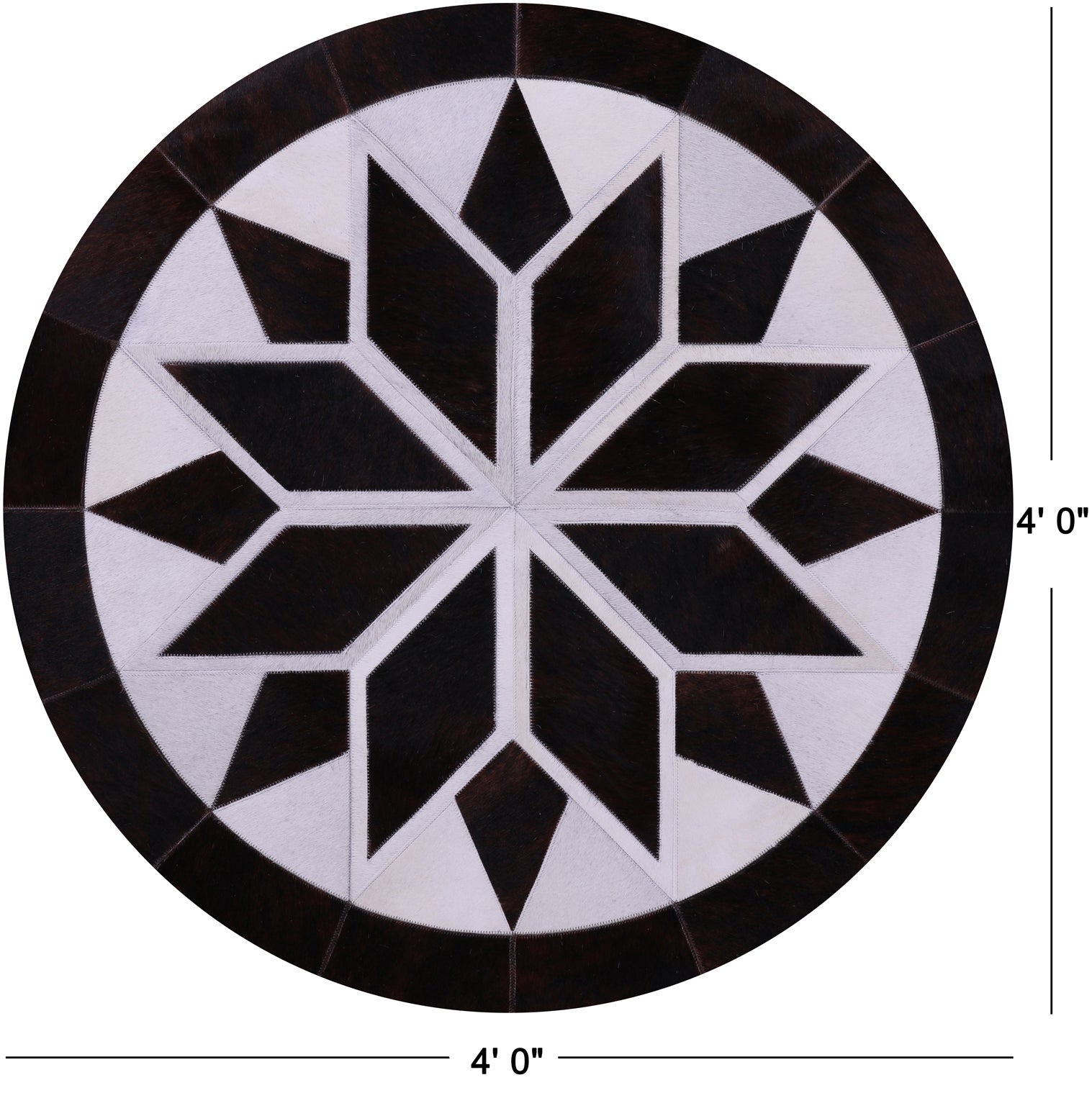 Brown & White Round Star Natural Cowhide Hand Stitched Patchwork Rug - 4' 0" X 4' 0" - Golden Nile