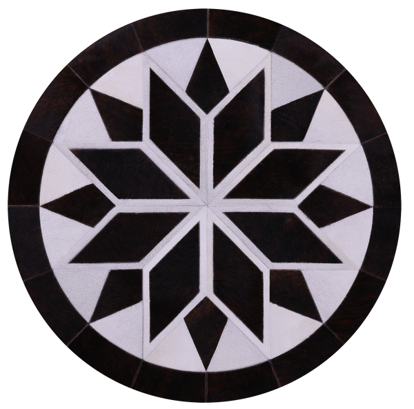 Brown & White Round Star Natural Cowhide Hand Stitched Patchwork Rug - 4' 0" X 4' 0" - Golden Nile