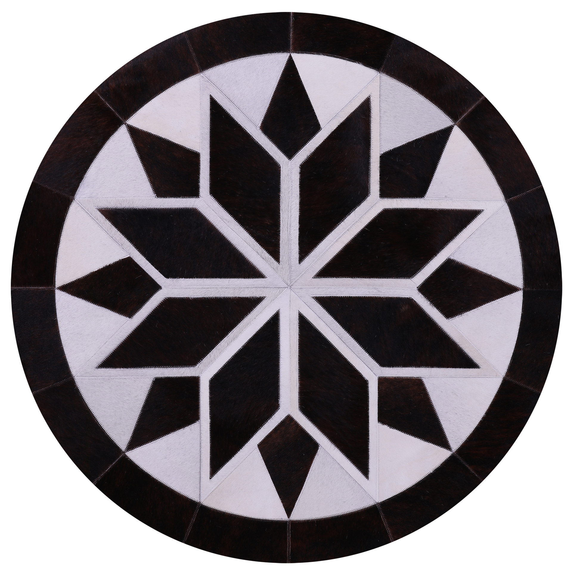 Brown & White Round Star Natural Cowhide Hand Stitched Patchwork Rug - 4' 0" X 4' 0" - Golden Nile