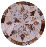 Brown & White Round Star Natural Cowhide Hand Stitched Patchwork Rug - 4' 0" X 4' 0" - Golden Nile