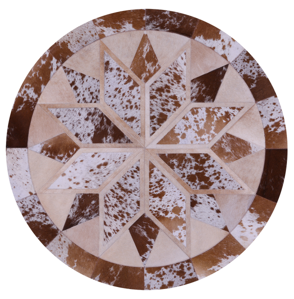 Brown & White Round Star Natural Cowhide Hand Stitched Patchwork Rug - 4' 0" X 4' 0" - Golden Nile