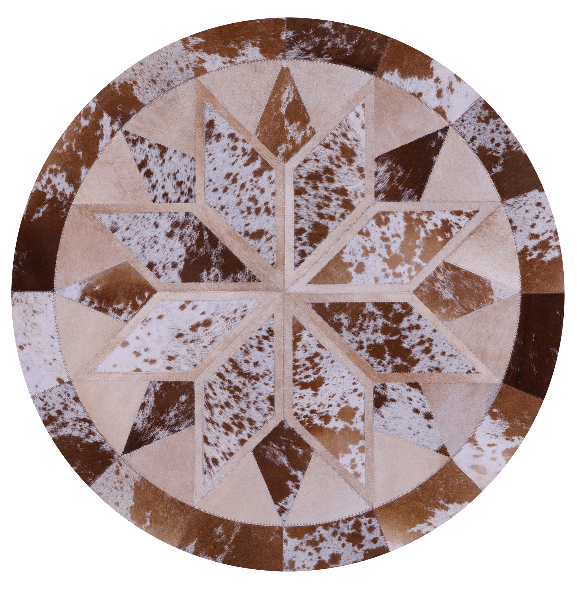 Brown & White Round Star Natural Cowhide Hand Stitched Patchwork Rug - 4' 0" X 4' 0" - Golden Nile