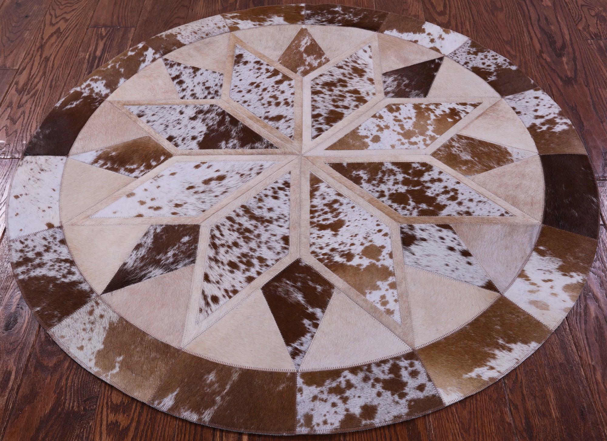 Brown & White Round Star Natural Cowhide Hand Stitched Patchwork Rug - 4' 0" X 4' 0" - Golden Nile