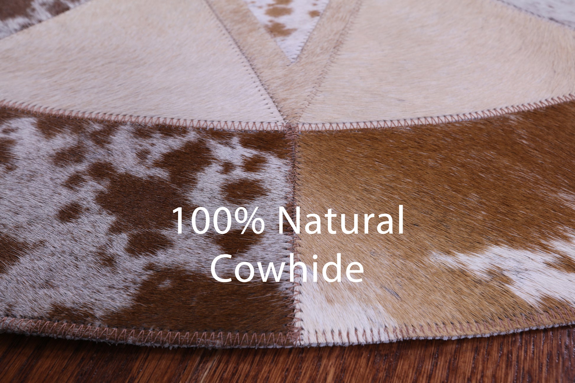 Brown & White Round Star Natural Cowhide Hand Stitched Patchwork Rug - 4' 0" X 4' 0" - Golden Nile