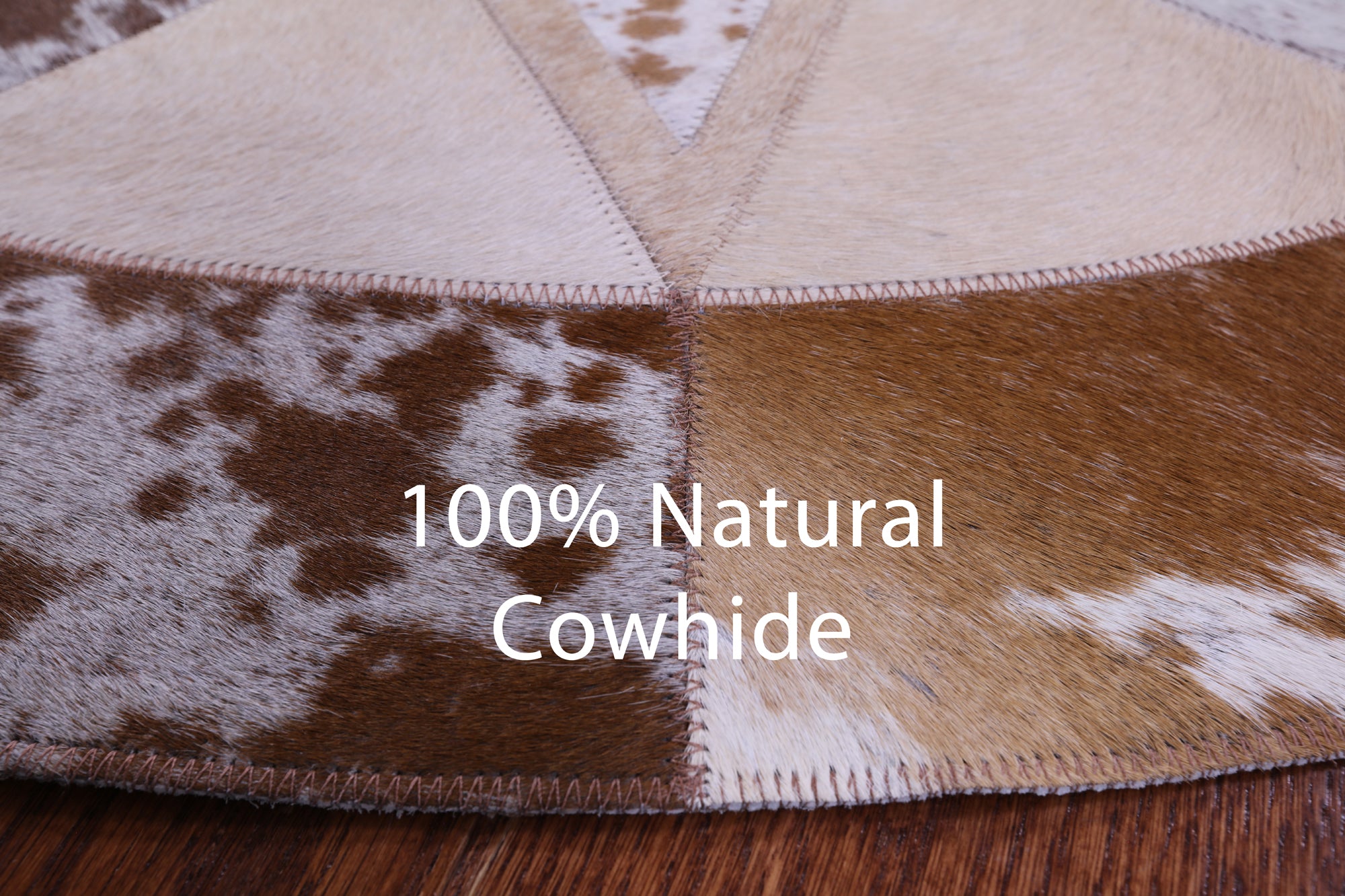 Brown & White Round Star Natural Cowhide Hand Stitched Patchwork Rug - 4' 0" X 4' 0" - Golden Nile
