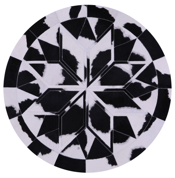 Black & White Round Star Natural Cowhide Hand Stitched Patchwork Rug - 4' 0" X 4' 0" - Golden Nile
