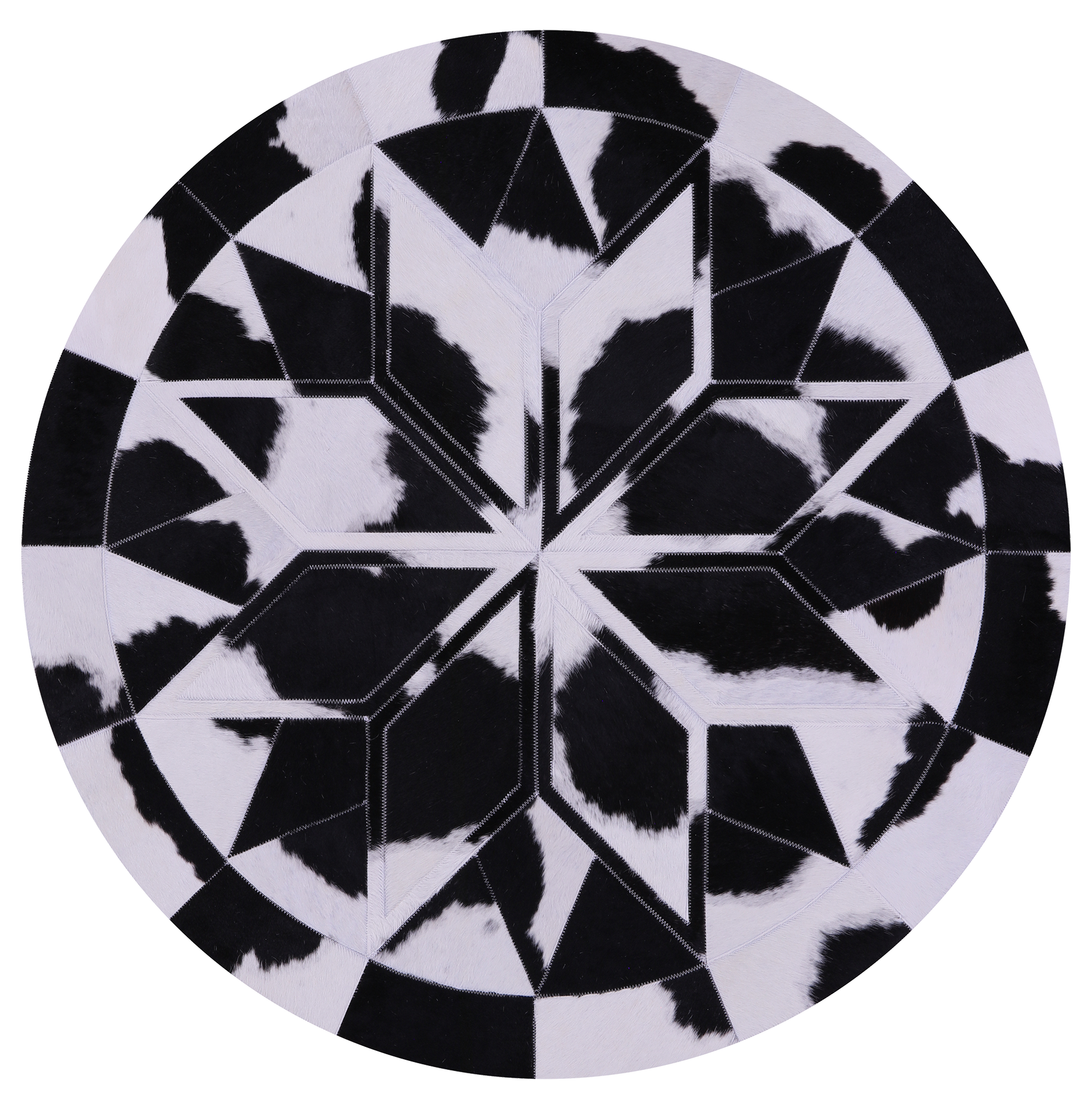 Black & White Round Star Natural Cowhide Hand Stitched Patchwork Rug - 4' 0" X 4' 0" - Golden Nile