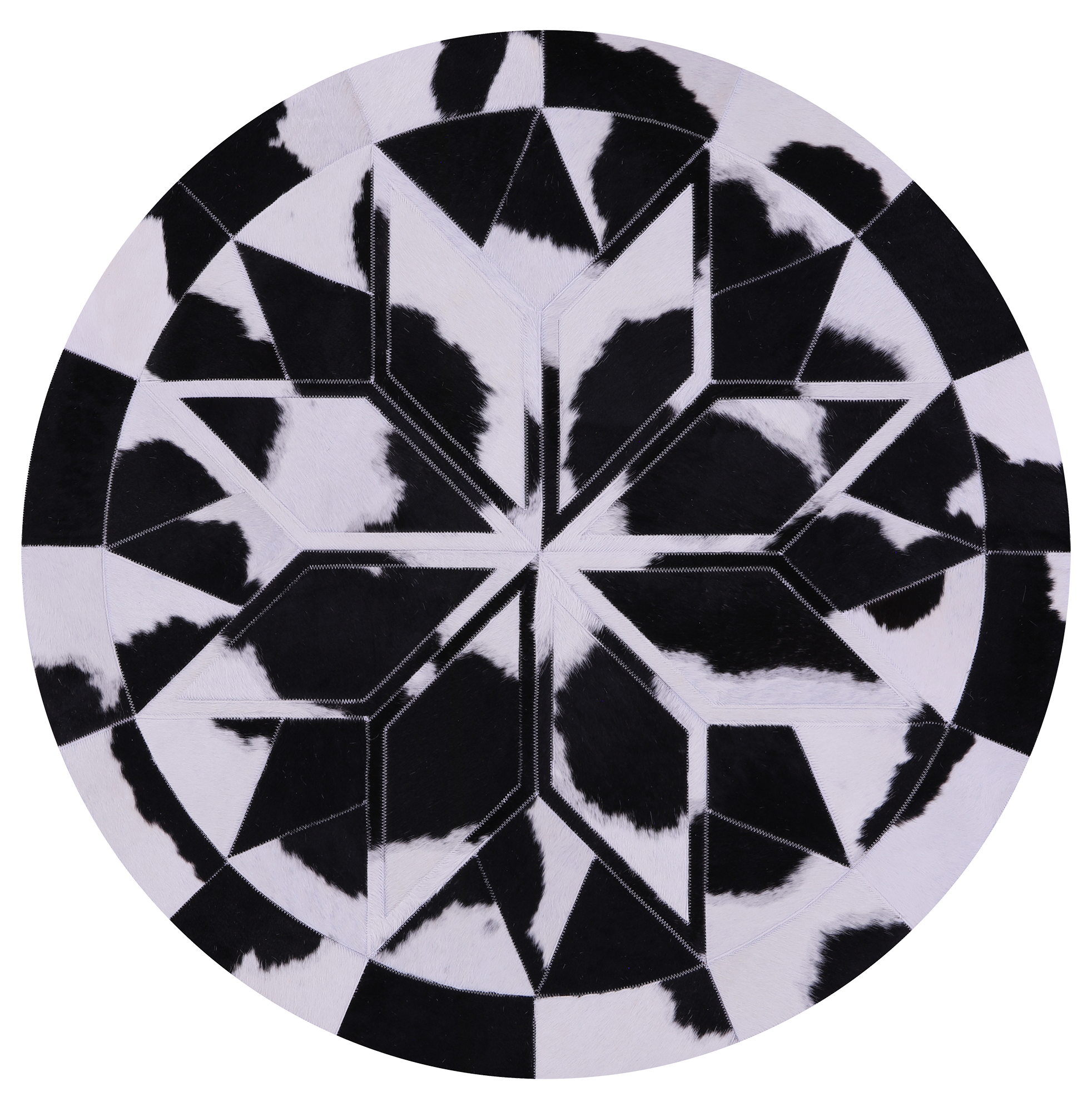 Black & White Round Star Natural Cowhide Hand Stitched Patchwork Rug - 4' 0" X 4' 0" - Golden Nile