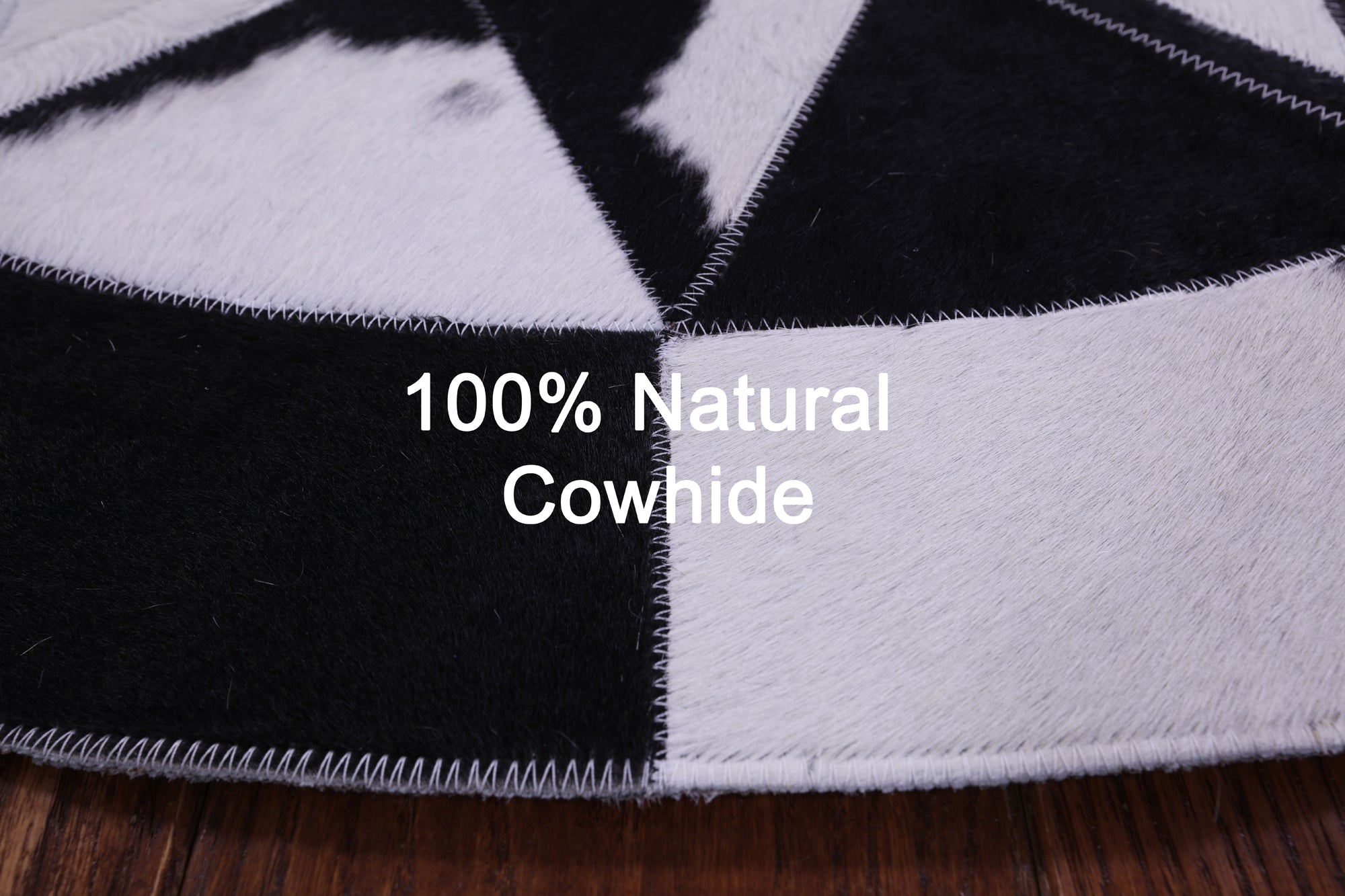 Black & White Round Star Natural Cowhide Hand Stitched Patchwork Rug - 4' 0" X 4' 0" - Golden Nile