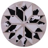Black & White Round Star Natural Cowhide Hand Stitched Patchwork Rug - 4' 0" X 4' 0" - Golden Nile
